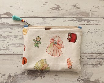 Handmade  Paper Doll Printed Cotton Fabric Coin Purse Card Purse Cosmetics Pouch  Zipper Bag Wallet Size: 5.75” X 4.5”