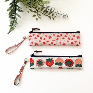 Quilted Pencil Case / Quilted Floral Strawberry Pouch / White, Green and Pink  Pencil Pouch With Zipper 