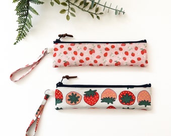 Handmade  Strawberry Printed Cotton Fabric Thin Pencil Case Pouch Slim Zipper Bag  Size: 7.5” X 2”