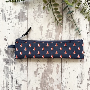 Handmade Cotton Pencil Case: Summer Yacht Print, Slim Zipper Pouch