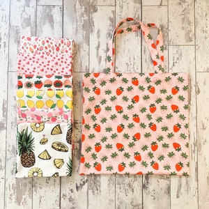Handmade Fruit Print Cotton Tote Bag: Pineapple, Lemon, Peach, Strawberry