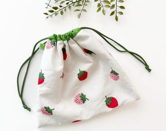 Handmade Strawberry Drawstring Bag: Cotton Travel Pouch 9.5” x 8”
