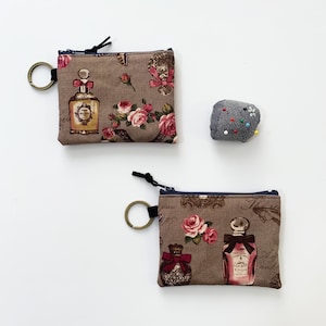 Handmade  French Perfume Bottle Printed Linen Fabric Coin Purse Card Purse Zipper Pouch Wallet with Keyring Size: 4.5” X 3.5”