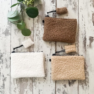 Bolsa para cosméticos hecha a mano, muy acogedora, de tela polar Sherpa de color sólido, con cremallera, monedero, tarjetero, tamaño: 5,5 x 4 pulgadas