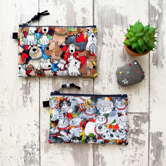 Handmade Dogs & Cats Print Cotton Coin Purse: Zipper Pouch (5.5” X 3.5”)