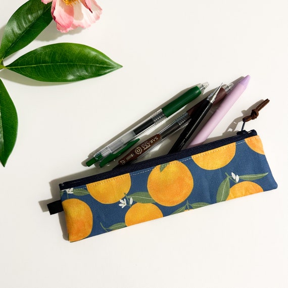 Handmade Orange Farm Printed Cotton Fabric Thin Pencil Case Pouch Slim  Zipper Bag Size: 7.5 X 2 