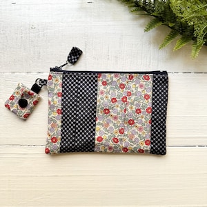 Monedero de tela de algodón con estampado floral, hecho a mano, monedero, tarjetero, neceser con cremallera y minibolsillo. Tamaño: 16,5 x 10,8 cm.
