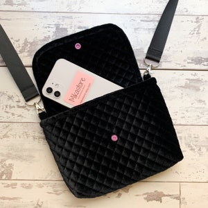 Handmade Quilted Black Velvet Crossbody Pouch with Strap
