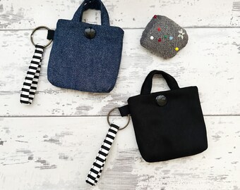 Handmade Denim & Cotton Mini Pouch: Snap Button Bag with Keyring