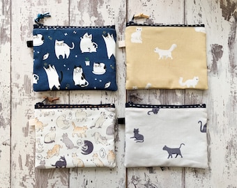 Handmade Cats Print Coin Purse: Cotton Zipper Pouch (5.5” X 4”)