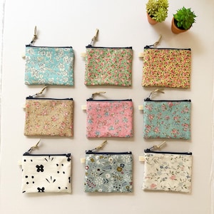 Bolsa de algodón floral hecha a mano con cremallera: monedero de 11,4 x 8,9 cm, neceser pequeño, tarjetero, minicartera, regalo para ella