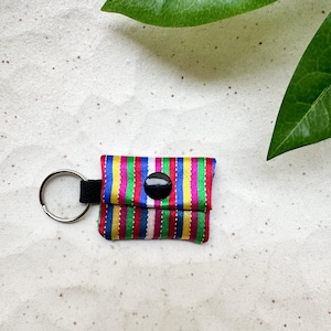 Mini Keychain Pouch Handmade with Traditional Korean Saekdong Multicolored Stripes Fabric  2” x 1.5”