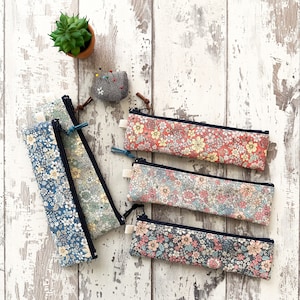Handmade  My Little Garden Floral Printed Cotton Fabric Thin Pencil Case Pouch  Slim Zipper Bag  Size: 7.5” X 2”