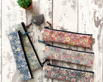 Handmade  My Little Garden Floral Printed Cotton Fabric Thin Pencil Case Pouch  Slim Zipper Bag  Size: 7.5” X 2”