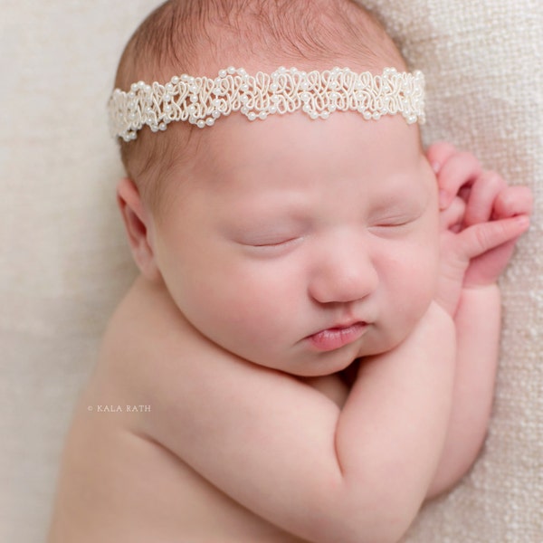 Little Princess, Newborn, Lace and Pearls Headband, with velcro back, off-white, photography prop, Sunday best, dress up