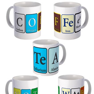 Coffee or Tea Mug with Coffee or Tea written in Periodic Elements of  Chemistry