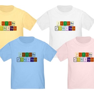 未来のエンジニア幼児用Tシャツ、化学周期表2T、3T、4Tで書かれています