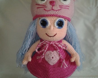 BULMA Crochet Amigurumi Doll - Crochet Doll with Cat Hat & Cat Slippers - Crochet Doll