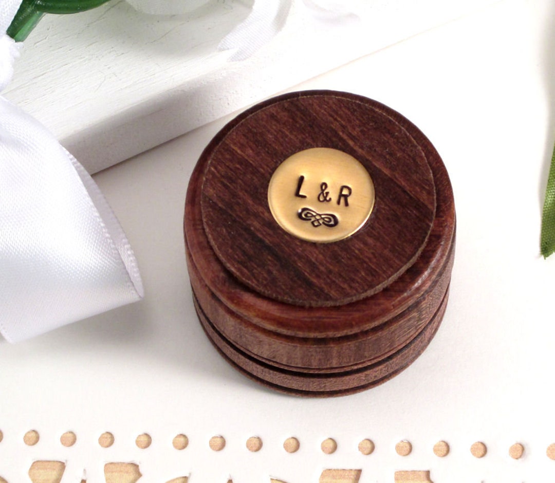 Ring Bearer Box, Personalized Round Wedding Ring Box, Custom Ring Box, Hand Stamped, Rustic Wood Box, Wedding Ring Holder, Round Ring box