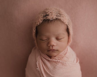 Daphne-- Newborn Mohair Bonnet-- Baby Bonnet--Newborn Photography Prop-- Peach Newborn Bonnet