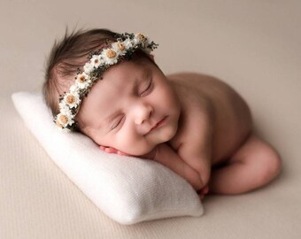 newborn headband tieback flower crown baby flower crown Skinny Nylon Headband baby photo prop ecru blush pink Baby flower headband