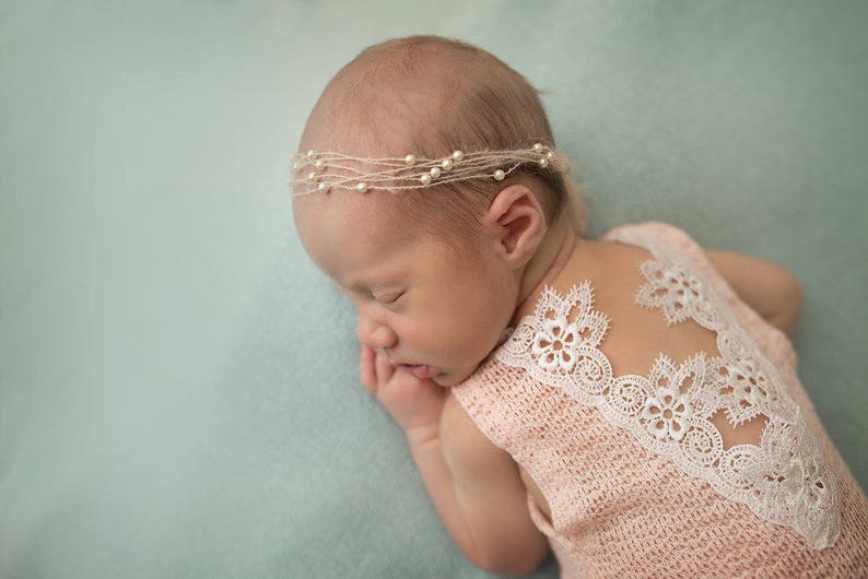 NoraNewborn Pearl & Mohair headbandNewborn TiebackNewborn-Child TiebackNewborn Photography PropNewborn Headband image 7