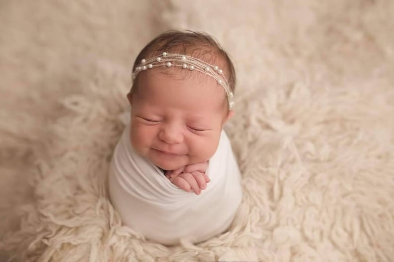 NoraNewborn Pearl & Mohair headbandNewborn TiebackNewborn-Child TiebackNewborn Photography PropNewborn Headband image 3