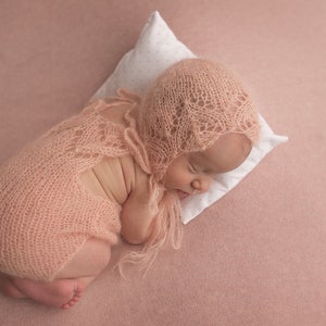 Camila-- Newborn Romper and Bonnet Set-- Peach Newborn Set-- Newborn Knit Romper-- Newborn Knit Bonnet