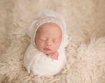 Gracie--Pearl Bonnet--Newborn Mohair Bonnet--Knit Bonnet--Newborn Photography Props