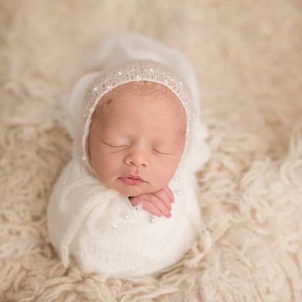 Gracie--Pearl Bonnet--Newborn Mohair Bonnet--Knit Bonnet--Newborn Photography Props