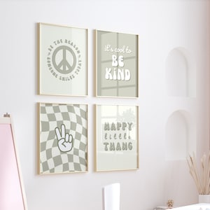 Set of 4 Retro Nursery Prints, Sage Green Boho Baby Decor, Cool to Be Kind Quote, Happy Little Thang Wall Art, Checkerboard Print Peace Sign