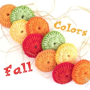 May include: A row of crocheted circles in fall colors, including orange, yellow, green, and red. The text "Colors" and "Fall" are written on the image.