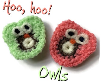 2 Owl Nylon Pot scrubber Dish Scrubbers, Doubled Layered Crocheted Nylon Netting Scrubbies, Tea Green & Peach  - Gift For Her