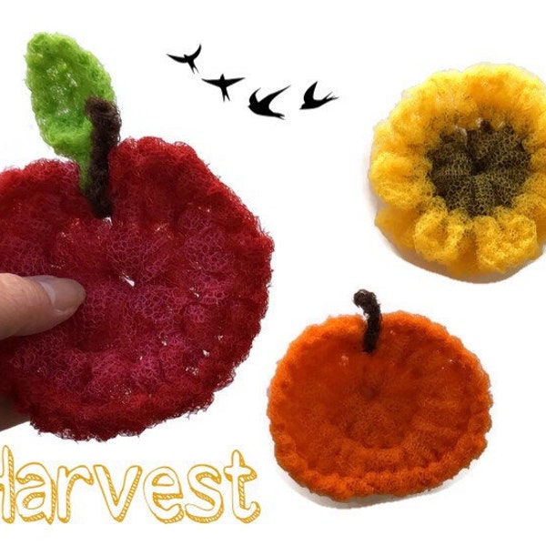 Nylon Pot Scrubber- 3 Harvest Themed Dish Scrubbers, 1 Sunflower, 1 Pumpkin, and 1 Apple Or You Choose the 3 of Your Choice - Safe on Teflon