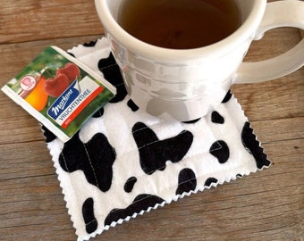Cow Hide Fabric Quilted Coaster - Black and White Spots - Coffee Coaster - Double-Sided Mug Rug - Cow Gift - Cow Hide Decor - Flannel