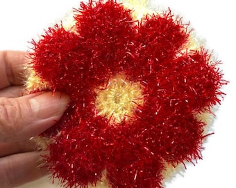 Estropajo coreano de ganchillo con diseño de flor roja para platos o cuerpo - Paño de cocina hecho a mano - Alternativa a la esponja - Reutilizable