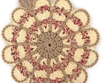 Yellow Crochet Flower Potholder,Made From Vintage Style Pattern,Yellow, Tan, Red,Kitchen Decor,Hot Pad,Handmade Cotton Hot pad, Gift For Her