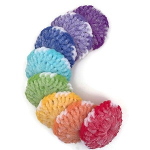 May include: A set of eight colorful crocheted scrubbers in a rainbow pattern. The scrubbers are made of soft, textured yarn and are perfect for cleaning dishes or other surfaces.