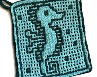 Seahorse Interlock Crochet Potholder - Beach Theme - Ex. Large -Cotton Trivet - Vintage Style - Beach Kitchen Decor