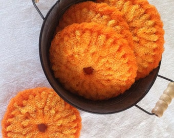 Dish Scrubbies,Nylon Pot Scrubbers, Set of 2 through 8 Dish Scrubbies, Double Layered, Sunset Orange- 4 1/2 to 5" Dia.  Gift For Her