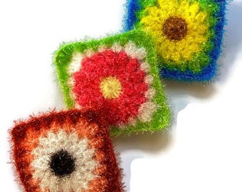Flores silvestres - Estropajo coreano de ganchillo para platos o cuerpo - Cuadrados de la abuela - Paño de cocina hecho a mano - Alternativa a la esponja - Reutilizable