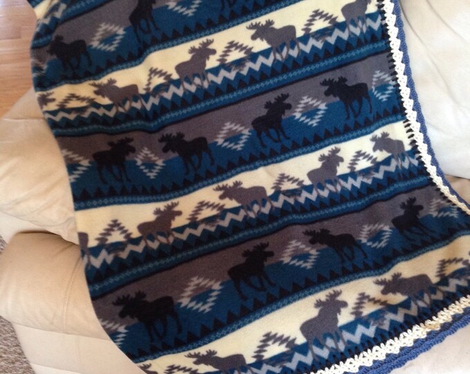 Moose Fleece Blanket With Soft Crocheted Edge // Large Rustic Etsy
