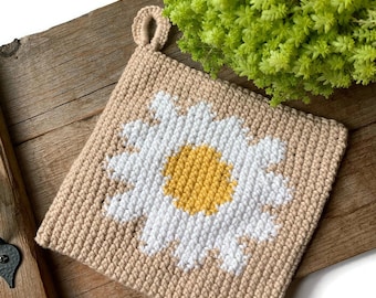 Daisy Potholder - Beige Crochet Trivet - Cotton Hot Pad - Handstitched - Double Thick - Ready to Ship