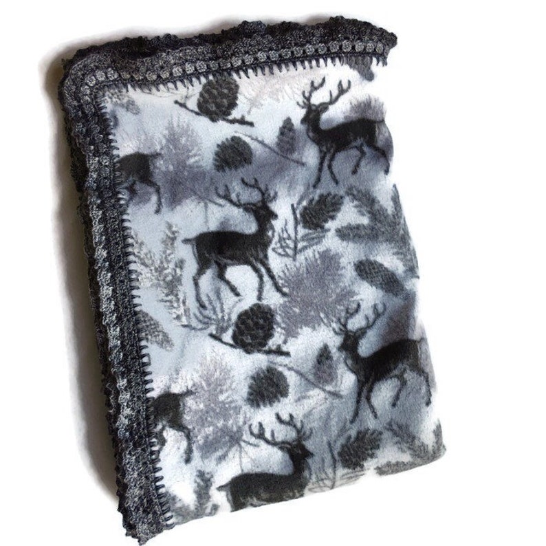 Fleece Blanket Deer and Pine Cones Ruffle Crochet Edge Etsy