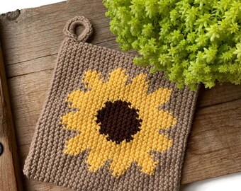 Sunflower Potholder - Tan Potholder - Crochet Trivet - Cotton Hot Pad - Handstitched - Double Thick - Ready to Ship