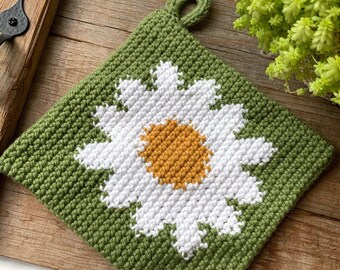 Daisy Potholder - Sage Potholder - Crochet Trivet - Cotton Hot Pad - Handstitched - Double Thick - Ready to Ship