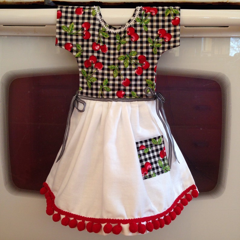 Kitchen Towel / Oven Door Dress /Cherries and Pom Poms / Etsy