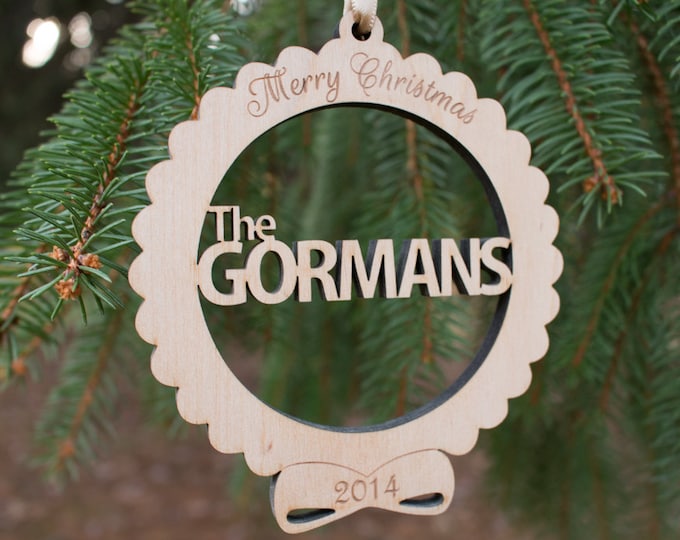 Personalized wedding ornament,  Christmas ornament gift ,  Custom Family Name Christmas ornament , wood anniversary ornament