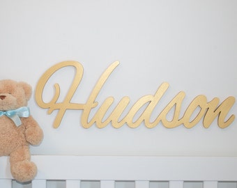 Gold wooden name sign, Name Plaque, Personalized nursery name, baby name, wood letters, nursery decor, custom name sign, above a crib