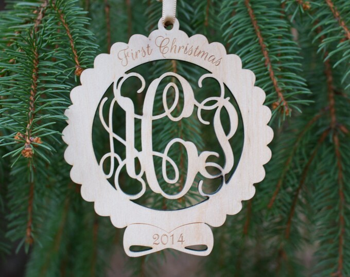 Personalized Monogram Christmas ornament ,  wedding monogram Christmas ornament , engraved ornament , vine 3 letter ornament , wedding gift